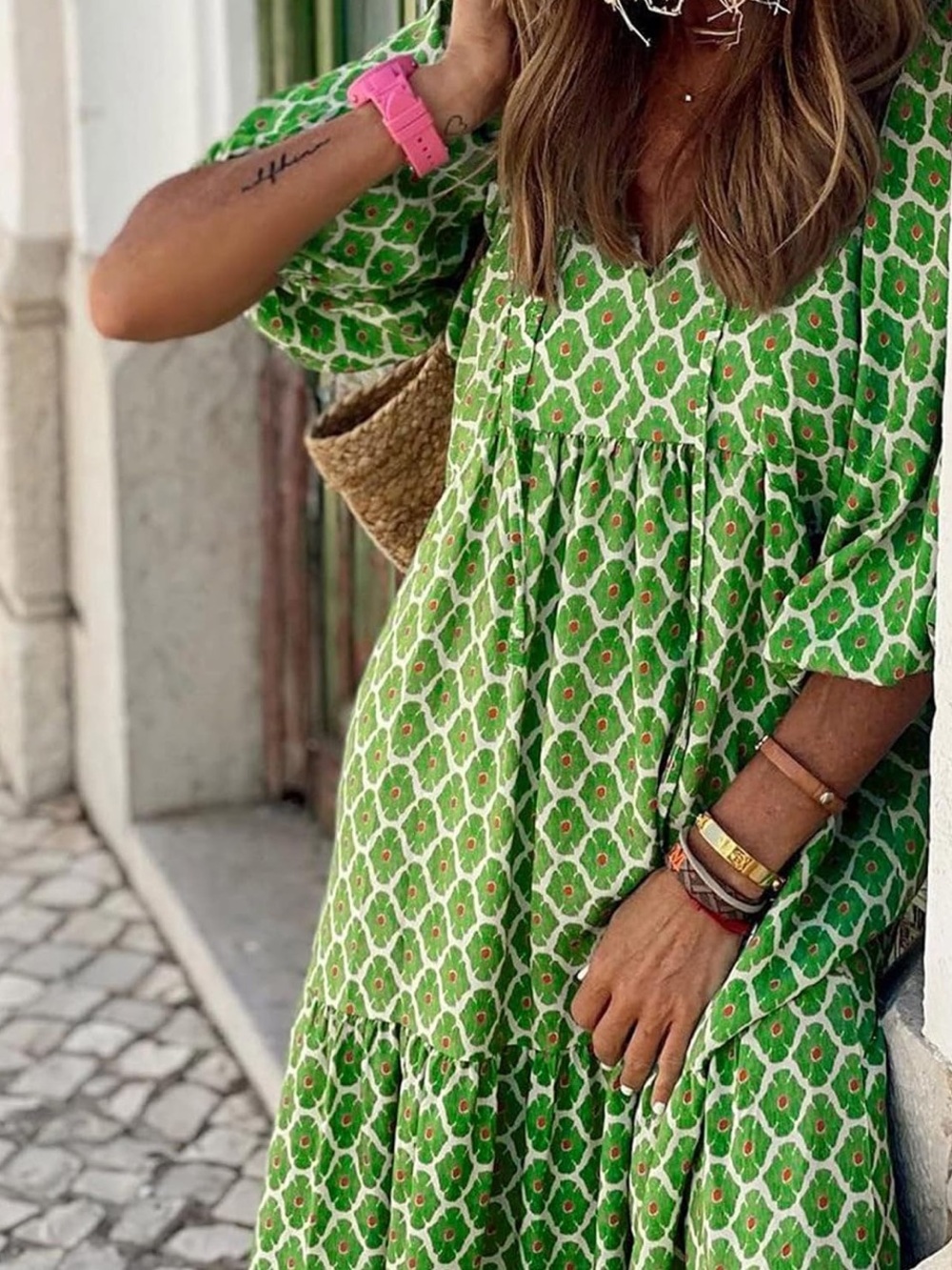 Boho Green & White Geometric Print Half-Sleeve Tiered Maxi Dress - Picture 5 of 14